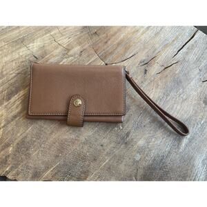 Coach Crossgrain Leather Wallet Phone Case Wristlet Cognac Tan